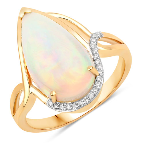 Opal-3.34 Carat Genuine Ethiopian Opal and White Diamond 14K Yellow Gold Ring