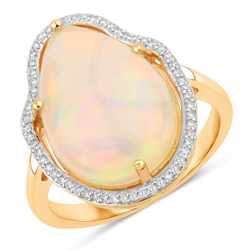 Opal-5.40 Carat Genuine Ethiopian Opal and White Diamond 14K Yellow Gold Ring