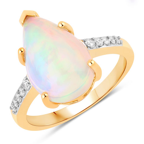 Opal-4.21 Carat Genuine Ethiopian Opal and White Diamond 14K Yellow Gold Ring