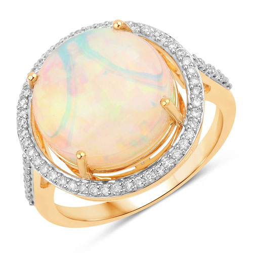 Opal-5.84 Carat Genuine Ethiopian Opal and White Diamond 14K Yellow Gold Ring