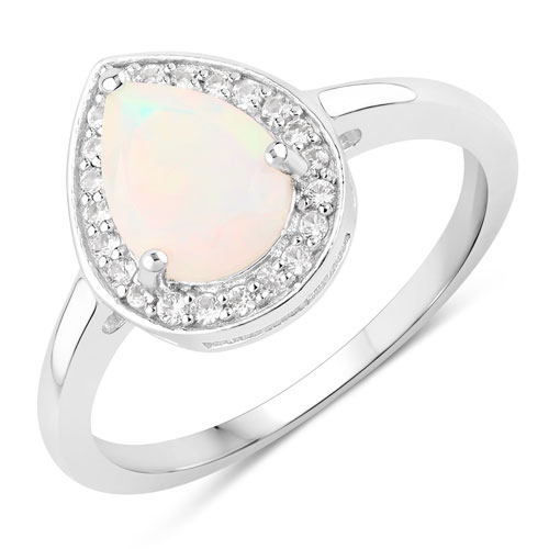 Opal-0.82 Carat Genuine Ethiopian Opal and Created White Sapphire .925 Sterling Silver Ring