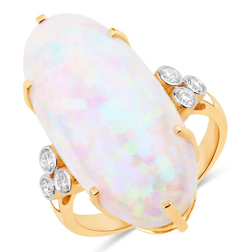Opal-13.60 Carat Genuine Ethiopian Opal and White Diamond 14K Yellow Gold Ring