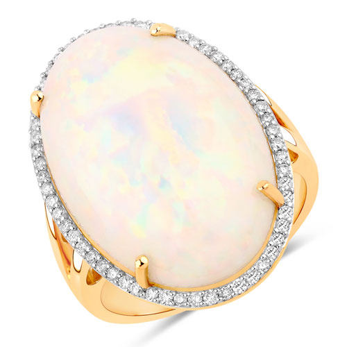 Opal-11.42 Carat Genuine Ethiopian Opal and White Diamond 14K Yellow Gold Ring