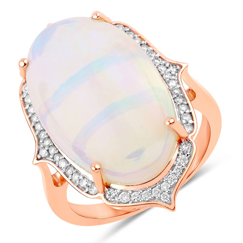 Opal-10.79 Carat Genuine Ethiopian Opal and White Diamond 14K Rose Gold Ring