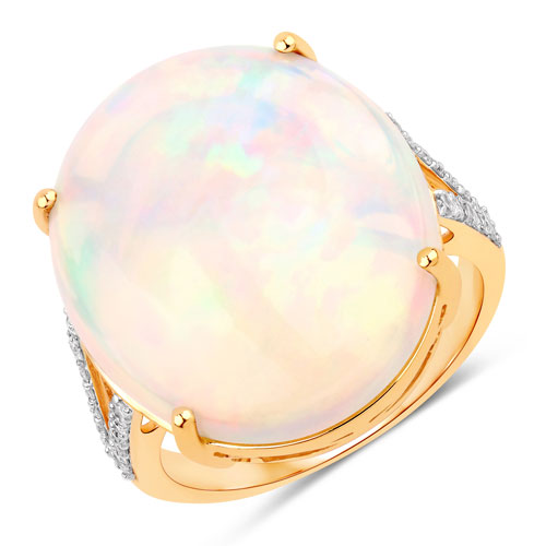 Opal-10.70 Carat Genuine Ethiopian Opal and White Diamond 14K Yellow Gold Ring