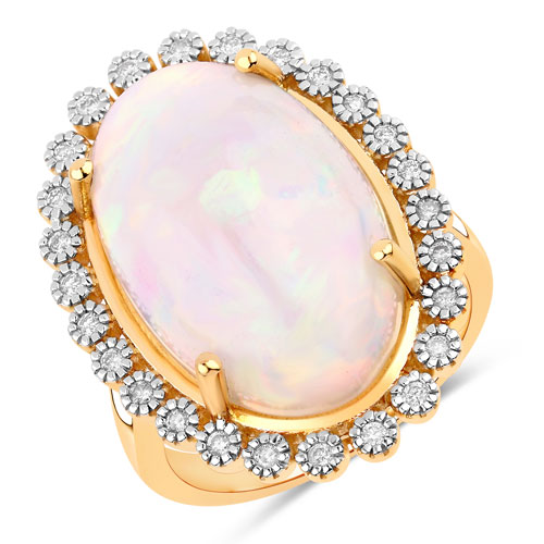 Opal-11.76 Carat Genuine Ethiopian Opal and White Diamond 14K Yellow Gold Ring