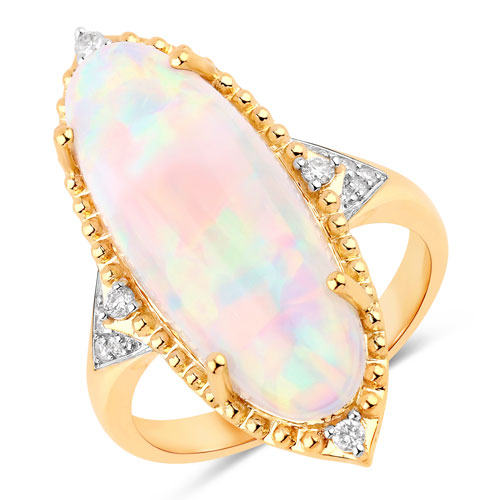 Opal-5.52 Carat Genuine Ethiopian Opal and White Diamond 14K Yellow Gold Ring
