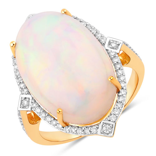 Opal-11.05 Carat Genuine Ethiopian Opal and White Diamond 14K Yellow Gold Ring