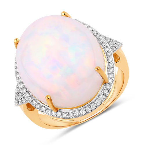 Opal-12.32 Carat Genuine Ethiopian Opal and White Diamond 14K Yellow Gold Ring