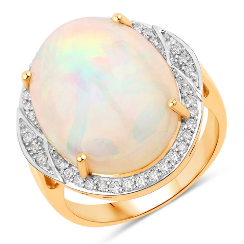 Opal-8.05 Carat Genuine Ethiopian Opal and White Diamond 14K Yellow Gold Ring