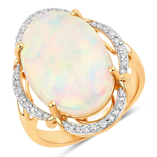Opal-6.77 Carat Genuine Ethiopian Opal and White Diamond 14K Yellow Gold Ring