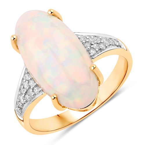 Opal-4.95 Carat Genuine Ethiopian Opal and White Diamond 14K Yellow Gold Ring