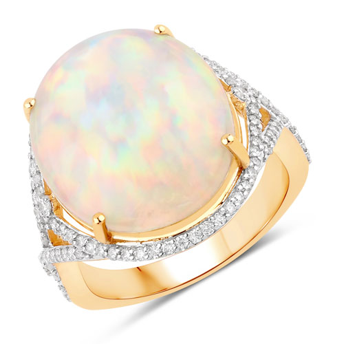 Opal-9.25 Carat Genuine Ethiopian Opal and White Diamond 14K Yellow Gold Ring