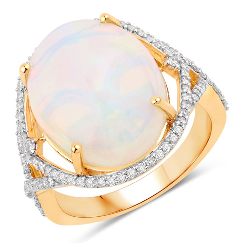 Opal-8.26 Carat Genuine Ethiopian Opal and White Diamond 14K Yellow Gold Ring