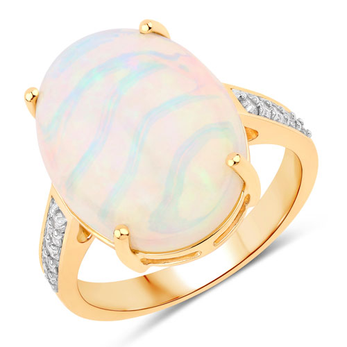 Opal-6.33 Carat Genuine Ethiopian Opal and White Diamond 14K Yellow Gold Ring