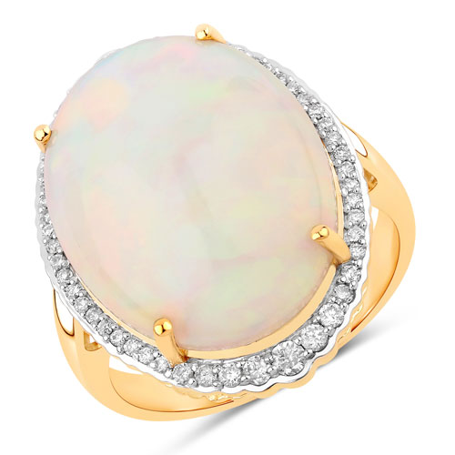 Opal-11.24 Carat Genuine Ethiopian Opal and White Diamond 14K Yellow Gold Ring