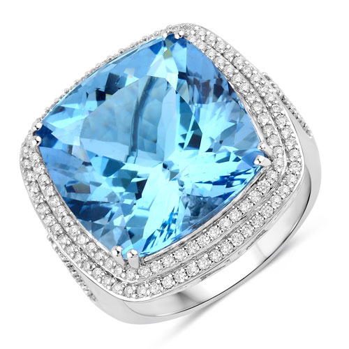 Rings-13.34 Carat Genuine Aquamarine and White Diamond 14K White Gold Ring