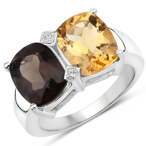 Rings-5.01 Carat Genuine Smoky Quartz, Citrine and White Sapphire .925 Sterling Silver Ring