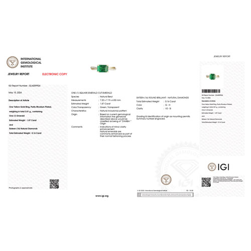 IGI Certified 2.03 Carat Genuine Zambian Emerald and White Diamond 18K Yellow Gold Ring