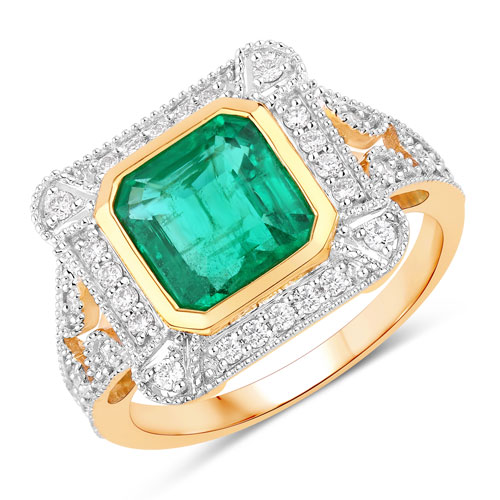 Emerald-IGI Certified 2.72 Carat Genuine Zambian Emerald and White Diamond 18K Yellow Gold Ring