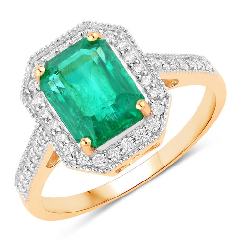 Emerald-IGI Certified 2.70 Carat Genuine Zambian Emerald and White Diamond 18K Yellow Gold Ring