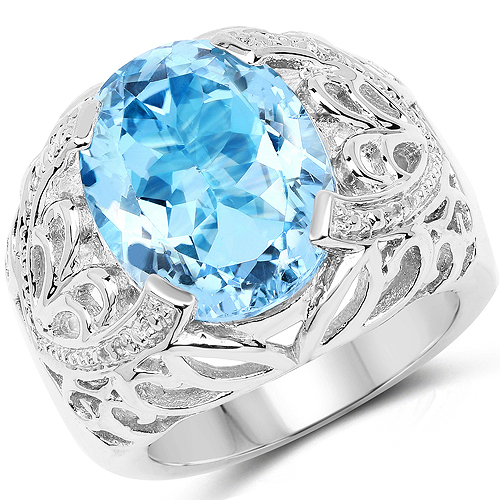Rings-11.29 Carat Genuine Blue Topaz and White Topaz .925 Sterling Silver Ring