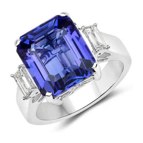 Tanzanite-12.73 Carat Genuine Tanzanite and White Diamond 18K White Gold Ring