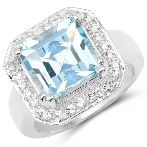 Rings-6.36 Carat Genuine Blue Topaz and White Topaz .925 Sterling Silver Ring