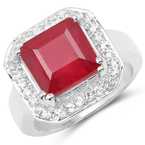 Ruby-6.36 Carat Glass Filled Ruby and White Topaz .925 Sterling Silver Ring