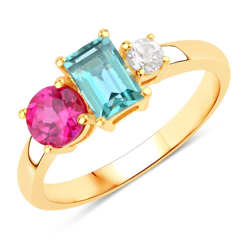 Rings-1.60 Carat Created Aquamarine and Created Pink Sapphire .925 Sterling Silver Ring