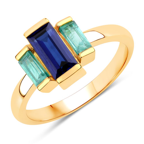 Sapphire-1.70 Carat Created Blue Sapphire and Created Emerald .925 Sterling Silver Ring