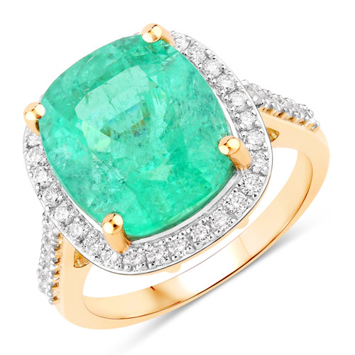 Emerald-8.22 Carat Genuine Emerald and White Diamond 14K Yellow Gold Ring