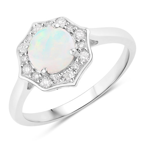 Opal-0.77 Carat Genuine Ethiopian Opal and Lab Grown Diamond .925 Sterling Silver Ring