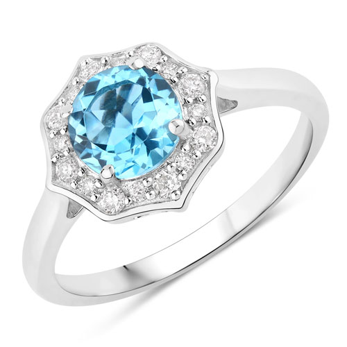 Rings-1.37 Carat Genuine Swiss Blue Topaz and Lab Grown Diamond .925 Sterling Silver Ring
