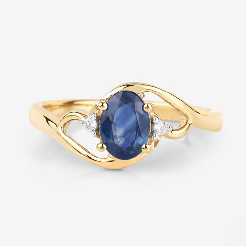0.98 Carat Genuine Blue Sapphire and White Diamond 10K Yellow Gold Ring