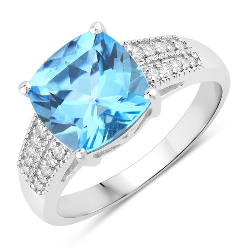 Rings-3.57 Carat Genuine Swiss Blue Topaz and Lab Grown Diamond .925 Sterling Silver Ring