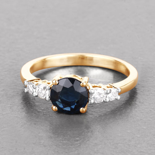 1.38 Carat Genuine Blue Sapphire and White Diamond 14K Yellow Gold Ring