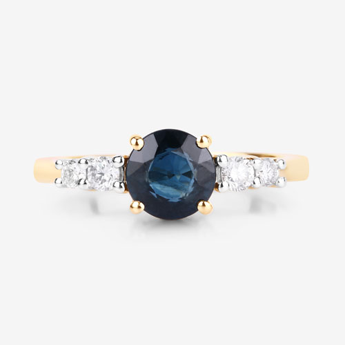 1.38 Carat Genuine Blue Sapphire and White Diamond 14K Yellow Gold Ring