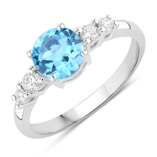 Rings-1.39 Carat Genuine Swiss Blue Topaz and Lab Grown Diamond .925 Sterling Silver Ring