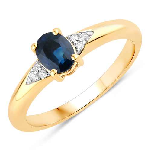 Sapphire-0.84 Carat Genuine Blue Sapphire and White Diamond 14K Yellow Gold Ring