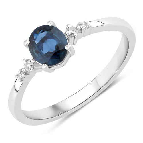 Sapphire-0.84 Carat Genuine Blue Sapphire and White Diamond 14K White Gold Ring