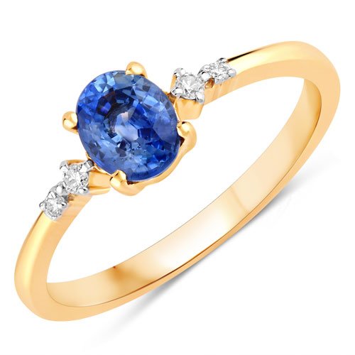 Sapphire-0.84 Carat Genuine Blue Sapphire and White Diamond 14K Yellow Gold Ring