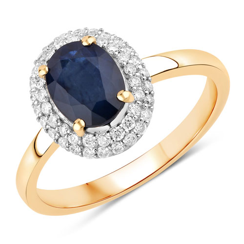 Sapphire-1.84 Carat Genuine Blue Sapphire and White Diamond 14K Yellow Gold Ring