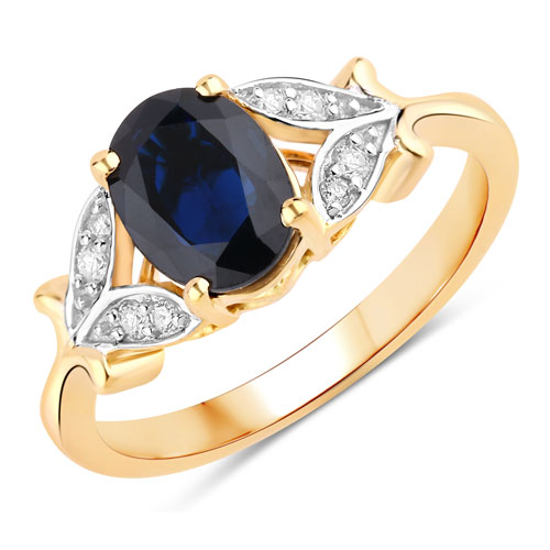 Sapphire-1.62 Carat Genuine Blue Sapphire and White Diamond 14K Yellow Gold Ring