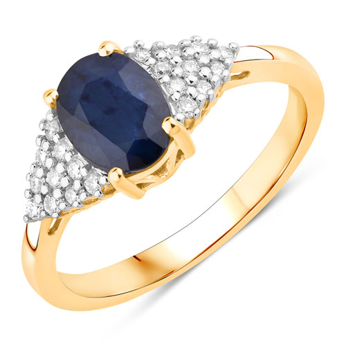 Sapphire-1.73 Carat Genuine Blue Sapphire and White Diamond 14K Yellow Gold Ring