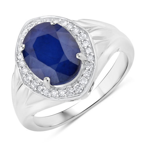 Sapphire-3.31 Carat Genuine Blue Sapphire and White Diamond 14K White Gold Ring