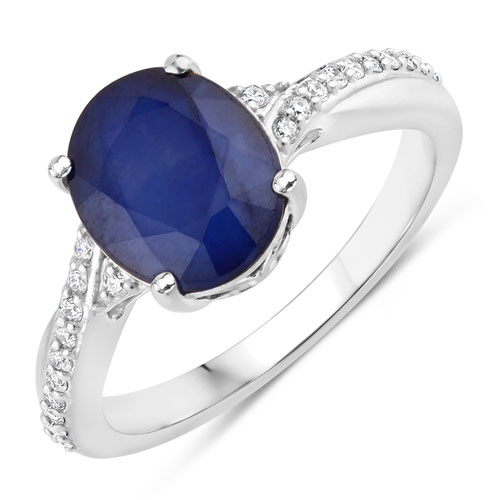 Sapphire-3.28 Carat Genuine Blue Sapphire and White Diamond 14K White Gold Ring