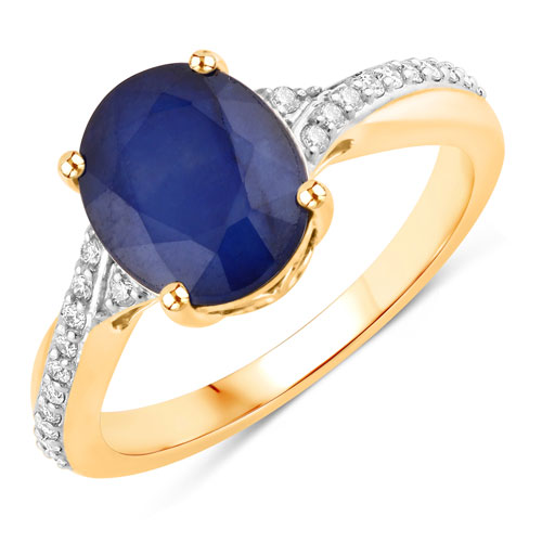 Sapphire-3.28 Carat Genuine Blue Sapphire and White Diamond 14K Yellow Gold Ring