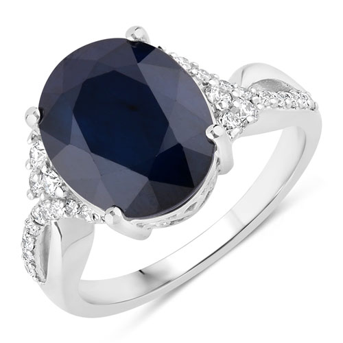 Sapphire-6.54 Carat Genuine Blue Sapphire and White Diamond 14K White Gold Ring