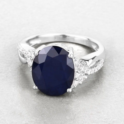 6.54 Carat Genuine Blue Sapphire and White Diamond 14K White Gold Ring